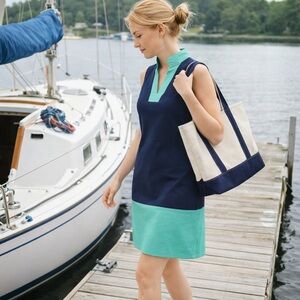 Sail to Sable Navy & Green Shift Dress Medium Cotton Stretch Sleeveless Preppy